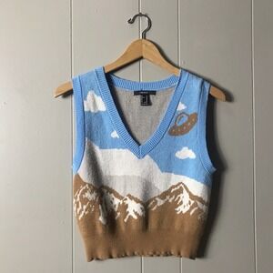 FOREVER 21 UFO MOUNTAIN SCENE SLEEVLESS V NECK SWEATER VEST WOMENS SIZE MEDIUM